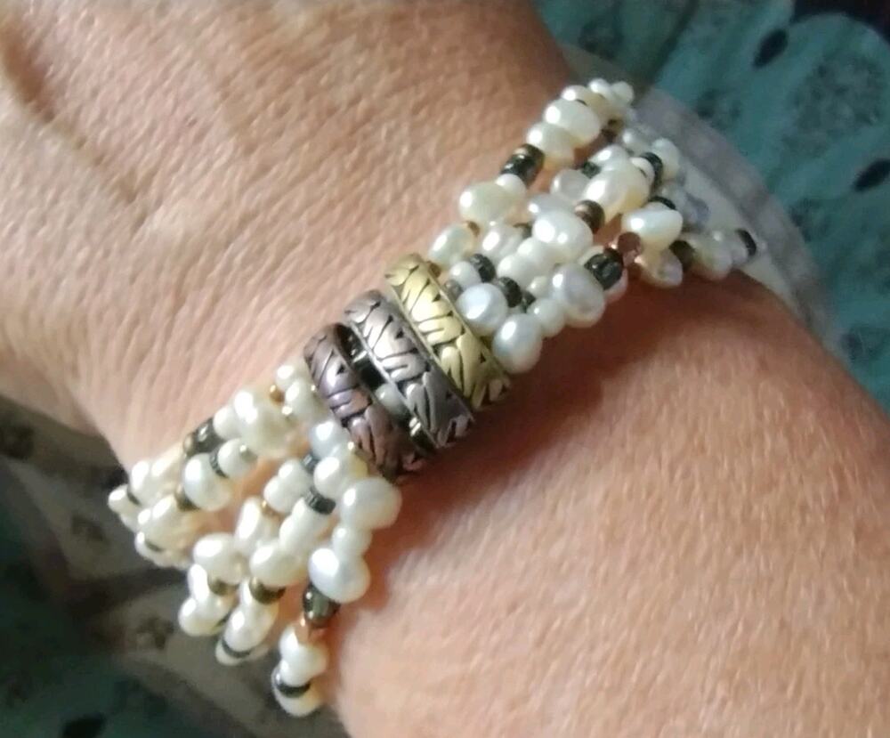 Silpada Sterling 925 Tri-Tone Beads Multi-Strand Pearl Toggle Bracelet 7.5" NEW